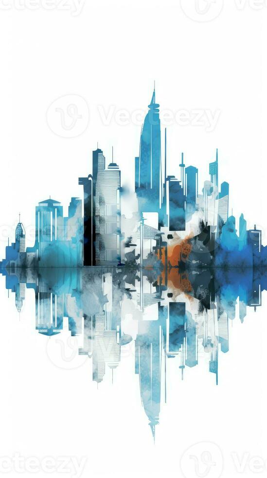 Blue Watercolor Abstract Modern City Skyline Building of Metropolitan Area Reflection Backgroound. photo