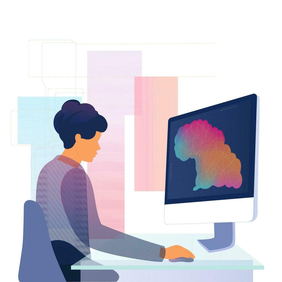 Portrait of Male Graphic Designer Working On Computer At Workplace And Abstract Background. vector