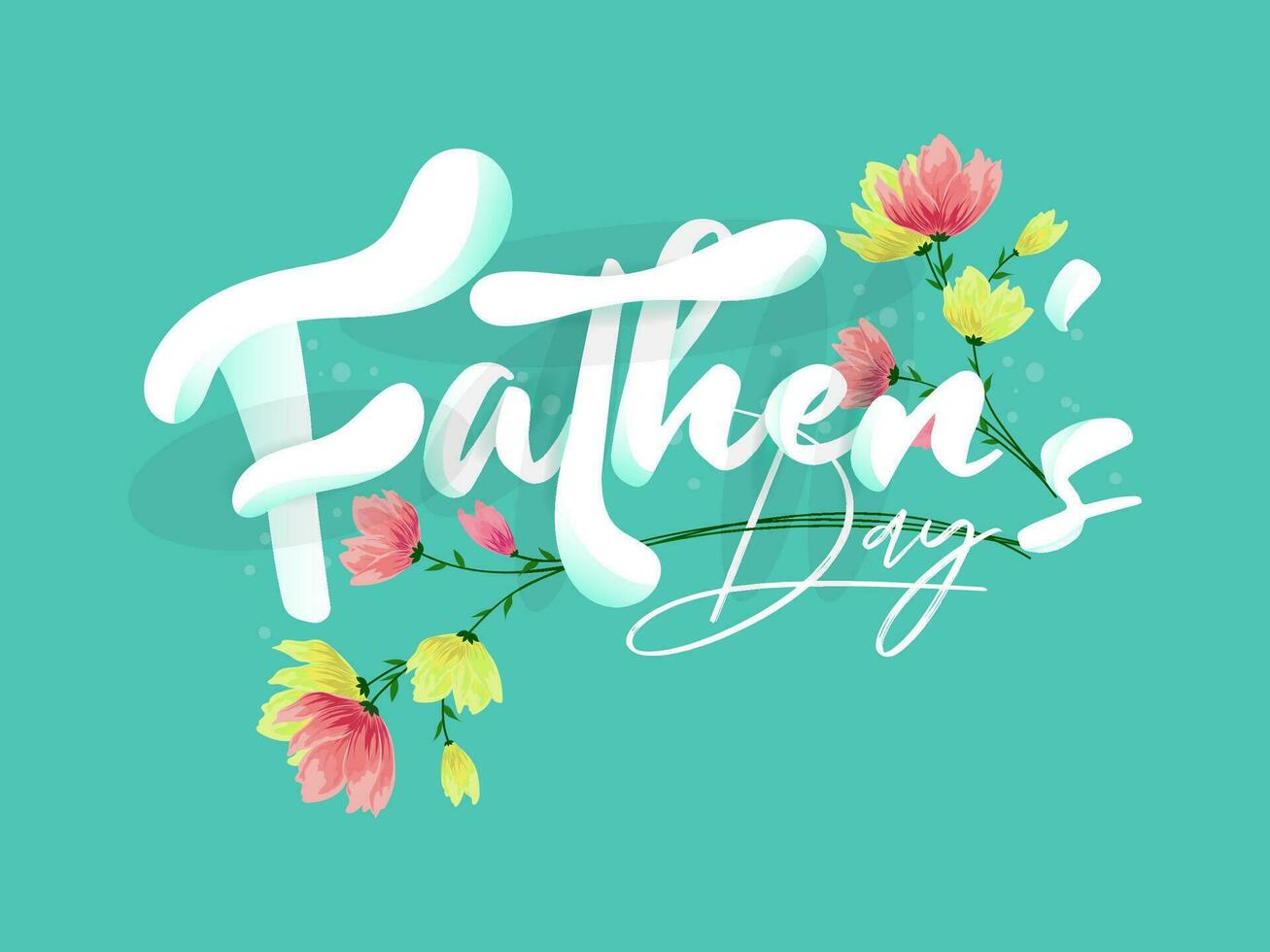 White Father's Day Calligraphy Text Decorated with Blossom Flowers on Mint Green Background for Greeting Card or Poster Design. vector