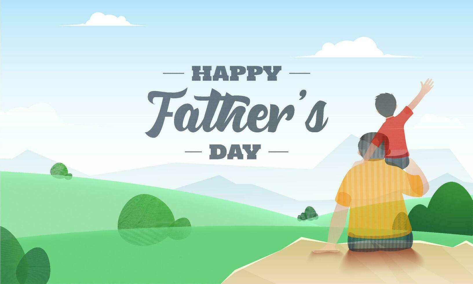 Back View of Son Sitting on his Father's Shoulders on Beautiful Nature Background for Happy Father's Day Celebration Banner Design. vector