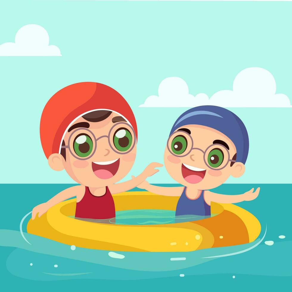 Happy Two Boys Character Wear Goggles and Swimming Inflatable Ring in Water for Pool Party on Summer Holiday. vector