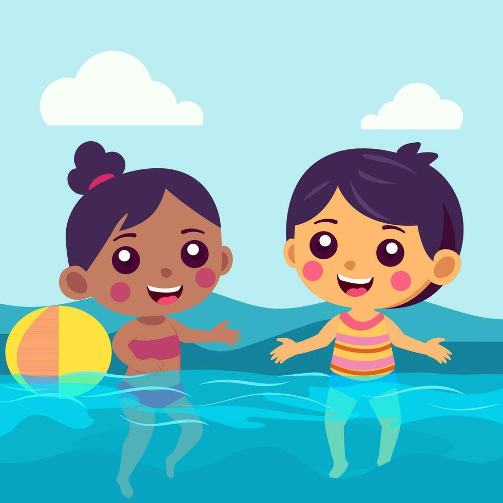 Cartoon Kids Playing With Beach Ball Under Water On Blue Background. vector