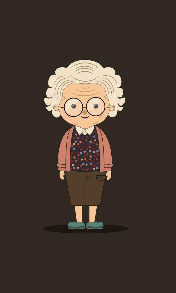 Cheerful Elderly Woman Wearing Eyeglasses In Standing Pose. vector