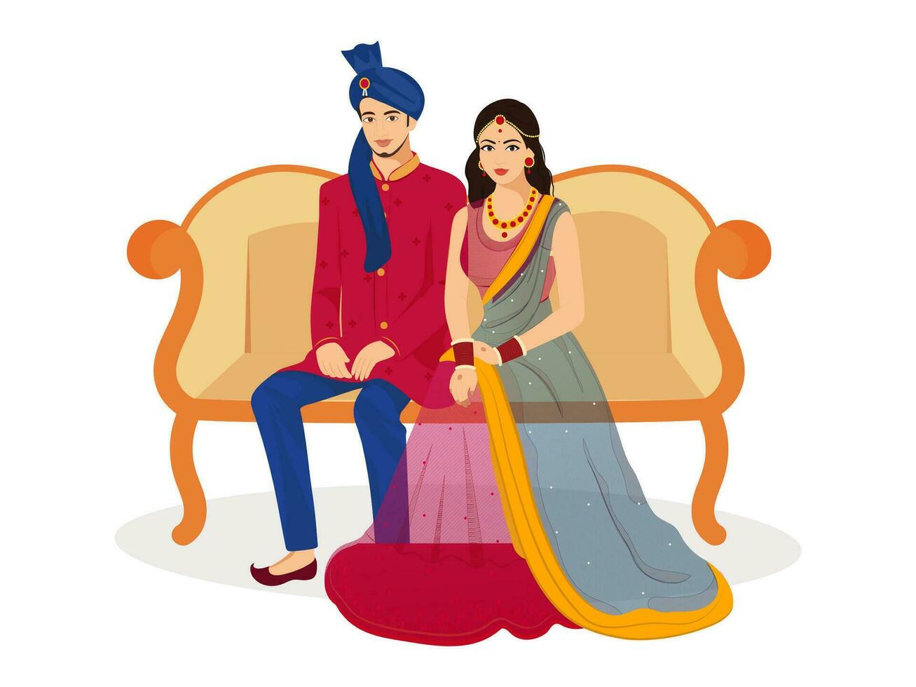 Happy Indian Wedding Couple Character Sit on Sofa in Traditional Attire. vector