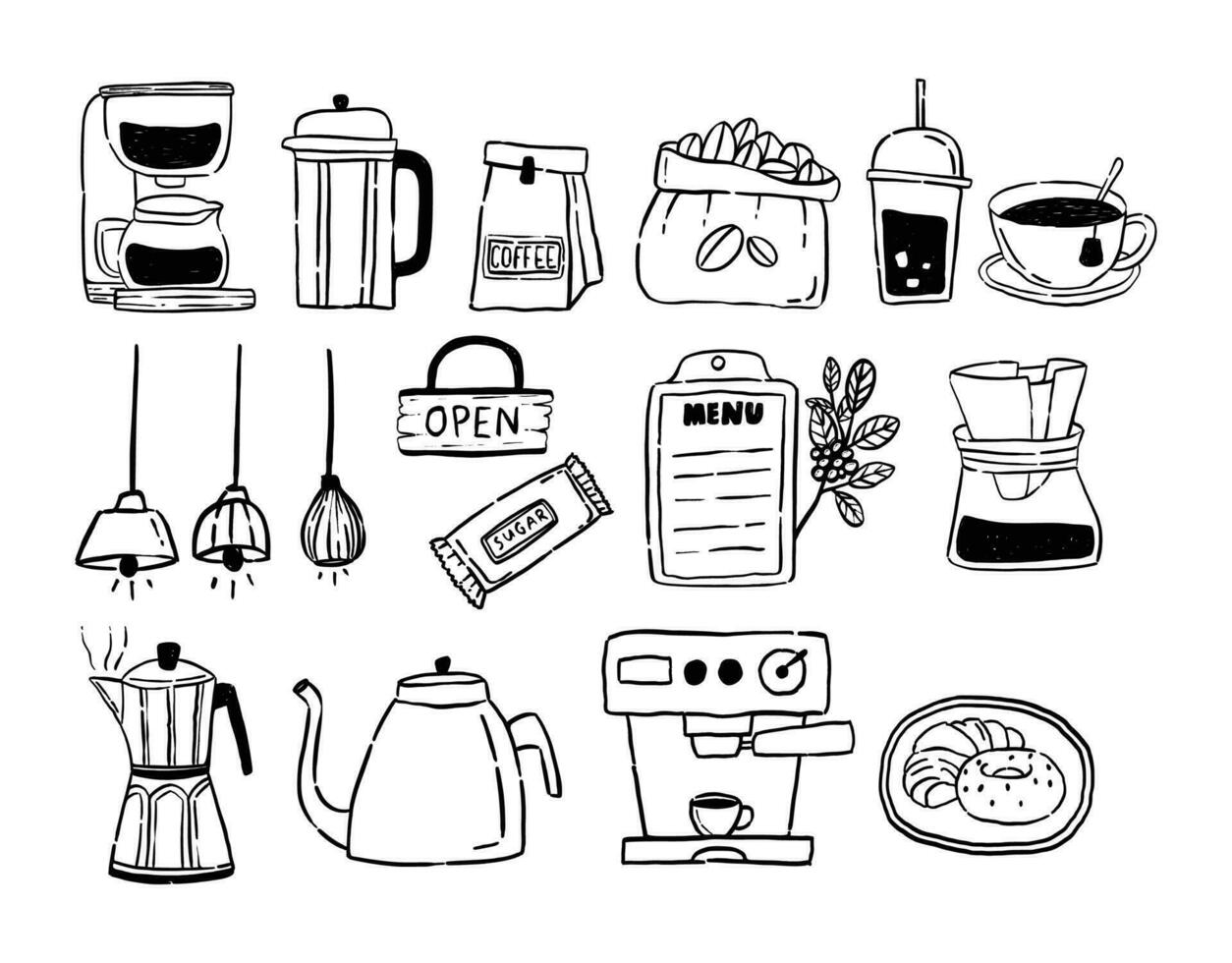 Set Collection Hand drawn Coffee Shop Equipment Tools Illustration vector