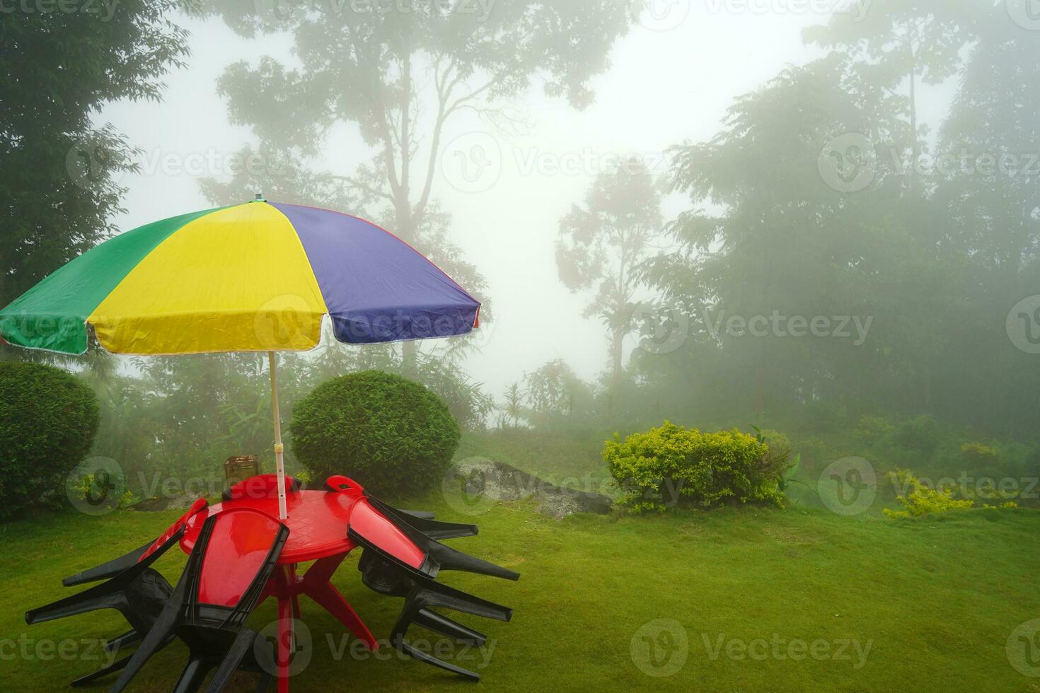 Foggy Weather at Mountain Offbeat Village Lungchok at East Sikkim With Green Grass and Chair Table photo