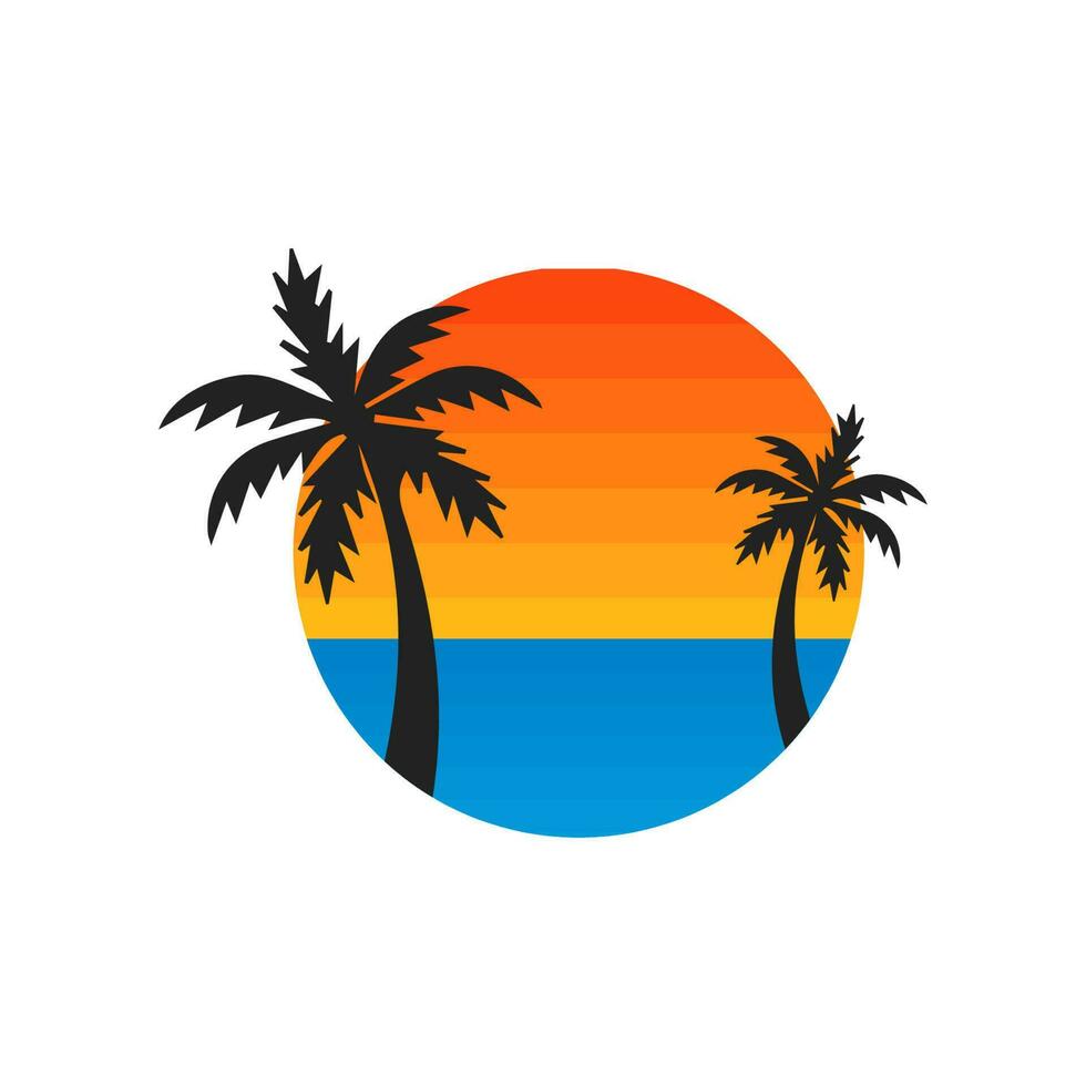 sunsets, beach and palm tree. style 80s, and 90s. Abstract background with a sunny gradient. Silhouettes of palm trees. Vector design template for logo, badges. Isolated white background.