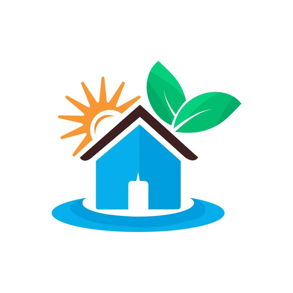 logo home with sun and green leaves vector