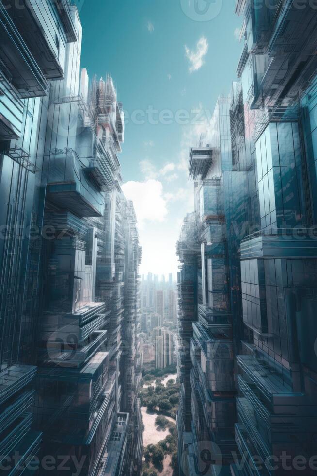 Amazing Futuristic City with Skyscrapers Buildings Against Background of Sky Clouds, Blue Tone. Technology. photo