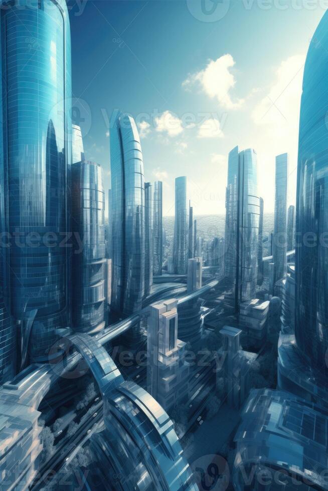 Amazing Futuristic City with Skyscrapers Buildings Against Background of Sky Clouds, Blue Tone. Technology. photo