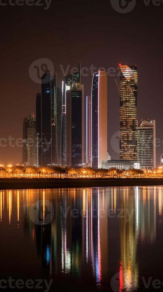 Dazzling Night Panoramic View of Abu Dhabi Skyline Reflecting in the Water, Amazing Dubai Tourist Destination. Technology. photo