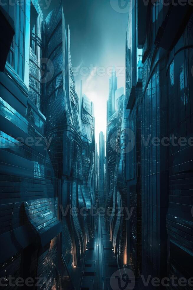 Amazing Futuristic City with Skyscrapers Buildings in Background, Blue Tone. Technology. photo