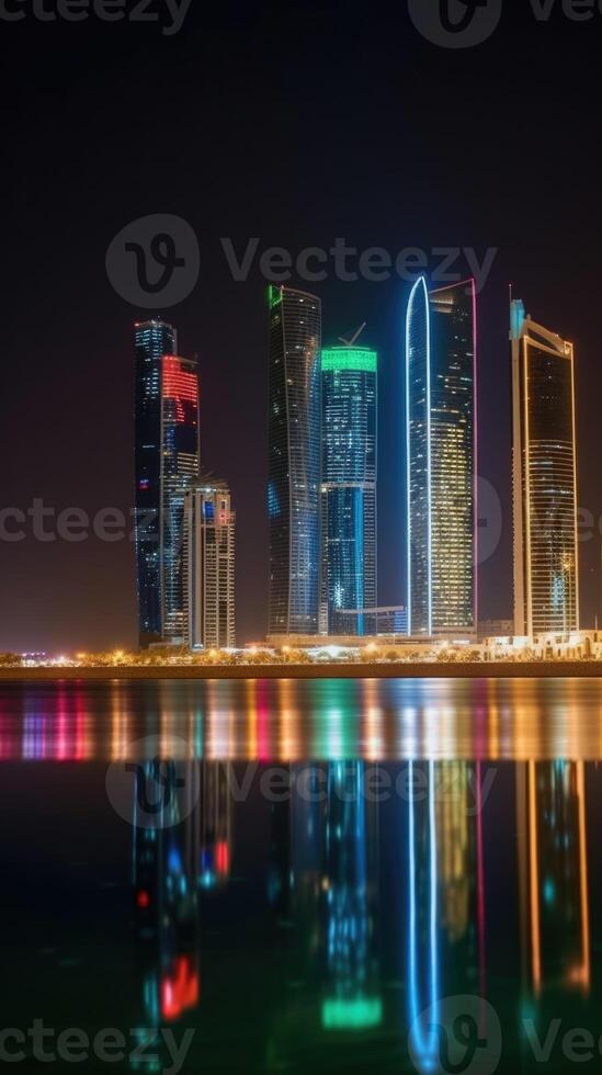 Dazzling Night Panoramic View of Abu Dhabi Skyline Reflecting in the Water, Amazing Dubai Tourist Destination. Technology. photo