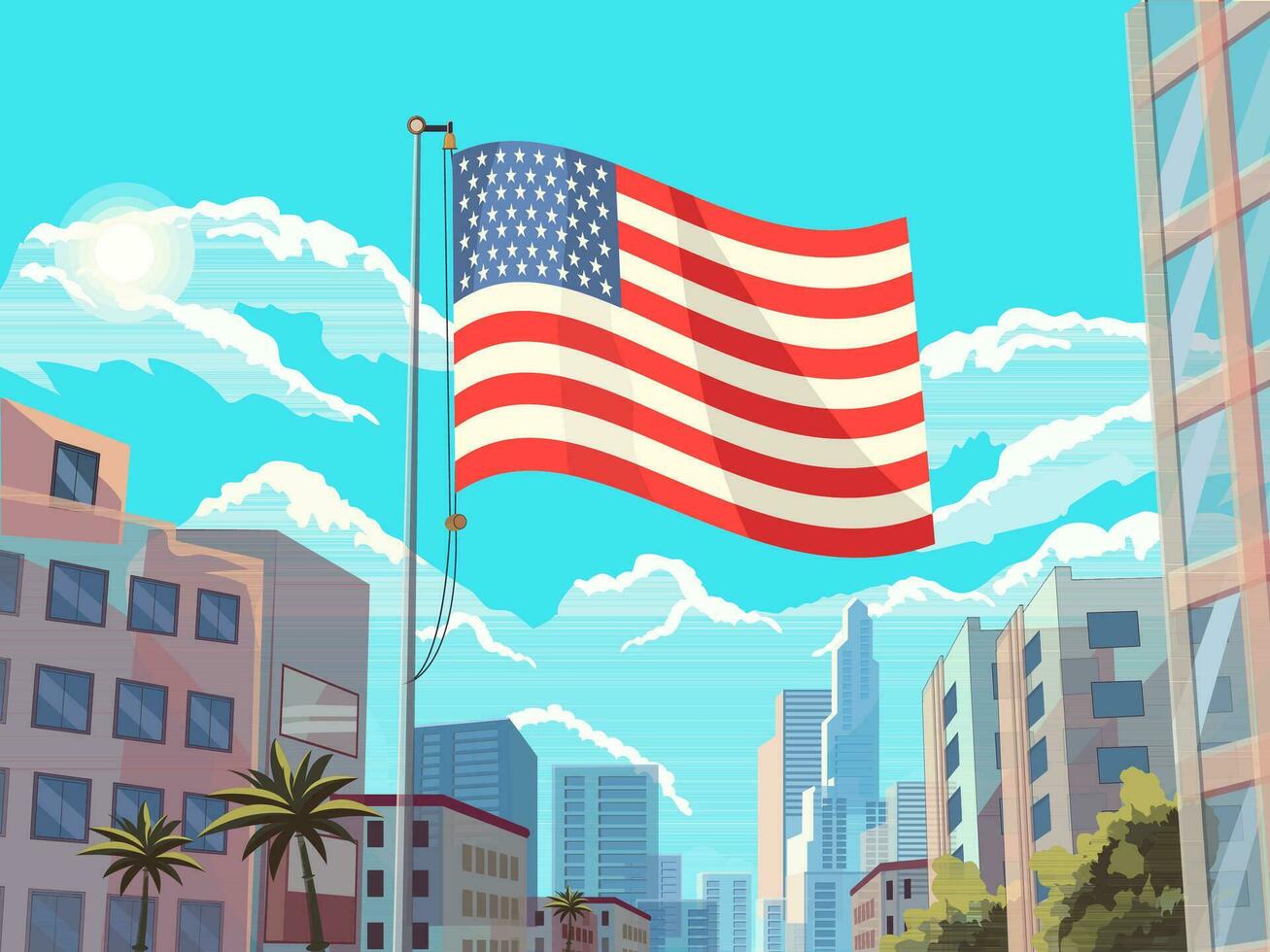 americano bandera ondulación con rascacielos edificio ver de el ciudad en brillante azul cielo antecedentes. Estados Unidos nacional festival celebracion póster diseño. vector