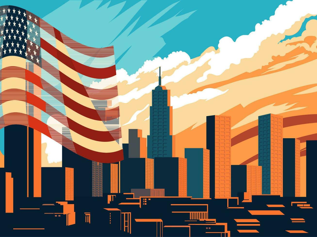 americano bandera ondulación con rascacielos edificio de el ciudad en azul y naranja cielo antecedentes. Estados Unidos nacional festival celebracion bandera diseño. vector