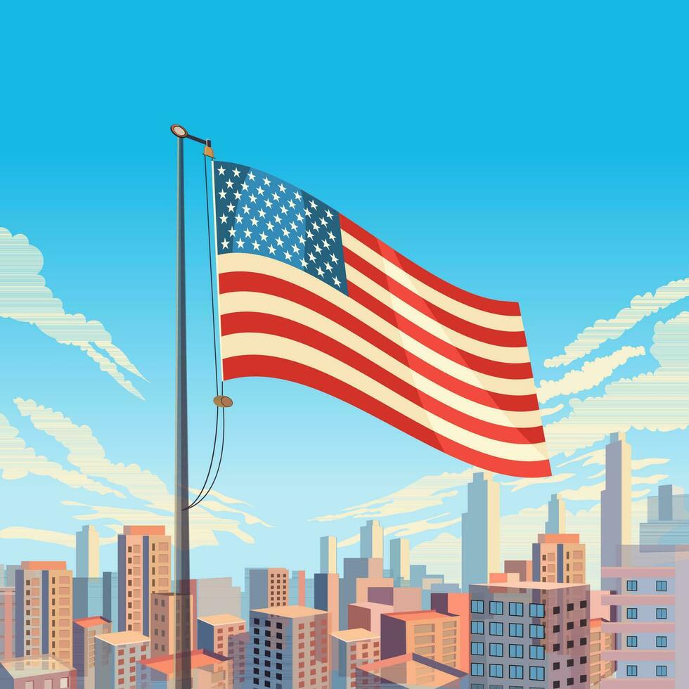 americano bandera ondulación con rascacielos edificio de el ciudad en azul cielo vista. Estados Unidos nacional festival celebracion póster diseño. vector