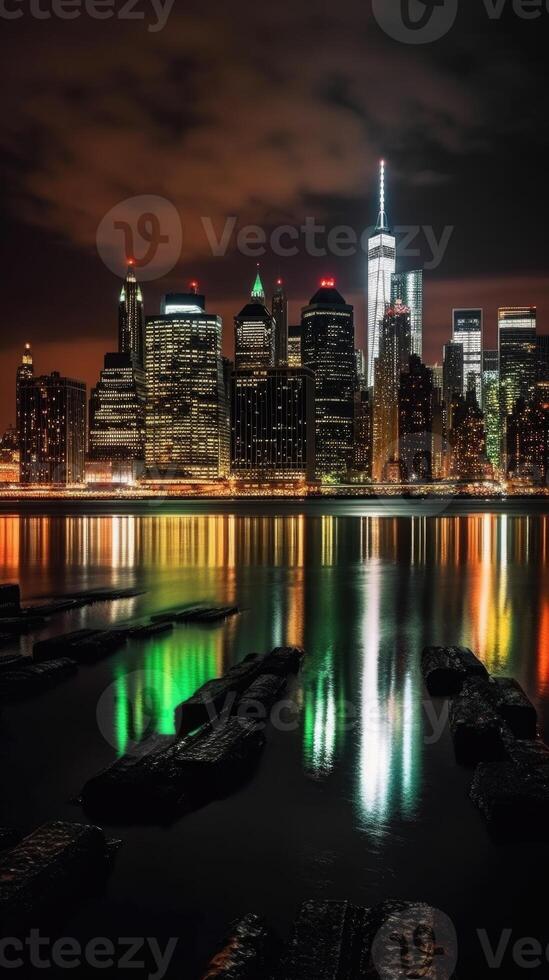 Amazing Panoramic Night Skyline of Manhattan, New York City. Technology. photo