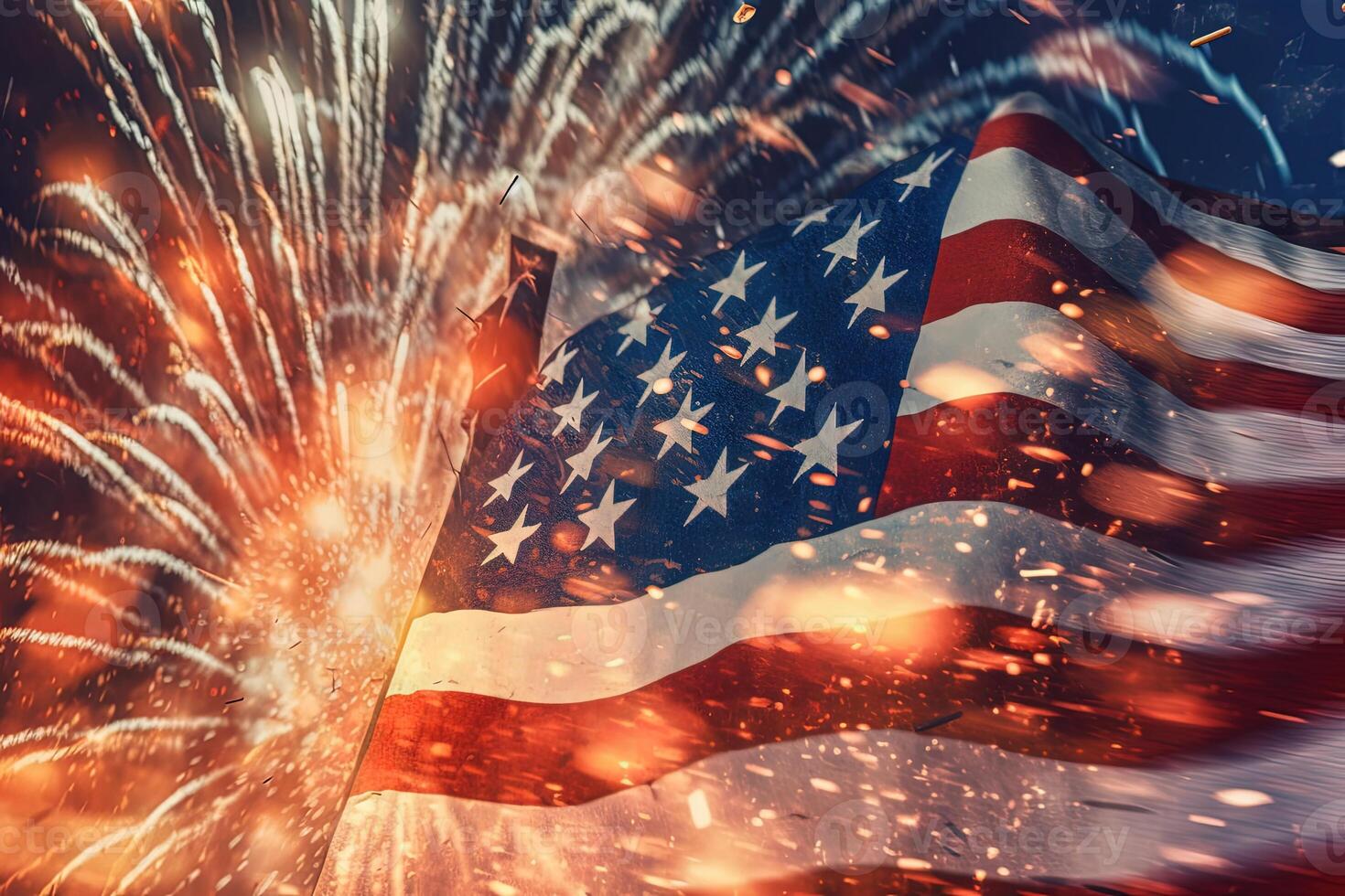 Patriotic Spirit of the United State with an American Flag Unfurled Against Background of Fireworks Celebrating Independence Day . photo