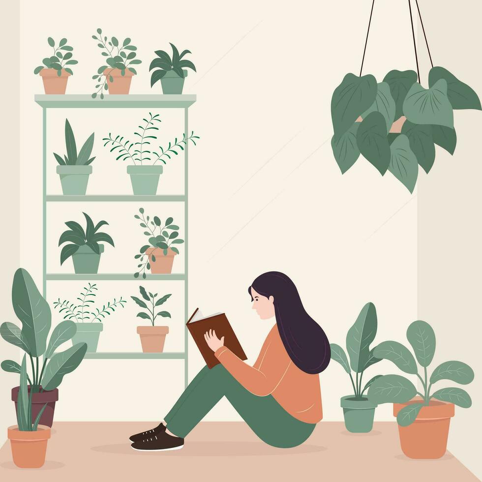 hermosa joven dama leyendo libro y sentar en piso a planta decorado habitación. vector