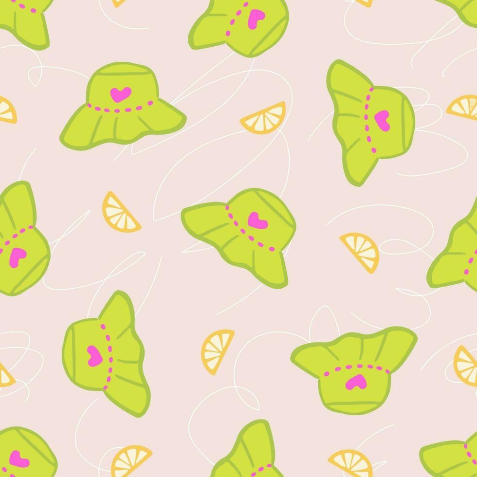 Trendy groovy seamless pattern with green panama and lemons. Retro hippie summer hat scratched texture. Great for textile, fabric, stationery, wallpapers and wrapping vector