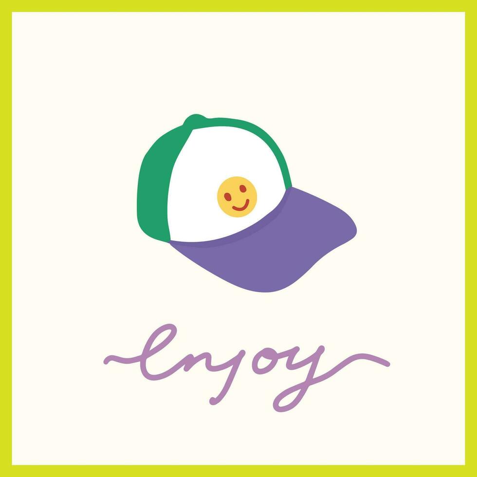 Summer concept card with trendy baseball cap. Y2k groovy vintage vector design with typography. Enjoy lettering. Great for cards, greeting, stationery, prints and posters