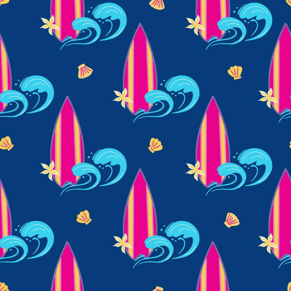 sin costura modelo con tabla de surf ondas, conchas marinas, estrellas de mar, flores en un azul antecedentes. surf concepto vector ilustración. genial para textil, tela, papelería, fondos de pantalla y envase