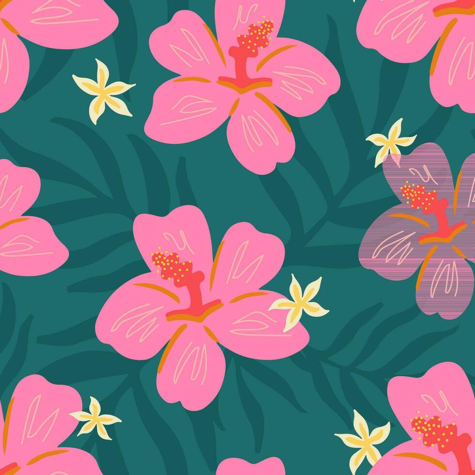 Trendy golden tropical seamless pattern. Pink hibiscus buds on a emerald background. Multicolour tropical flowers and palm leaves on solid emerald. vector