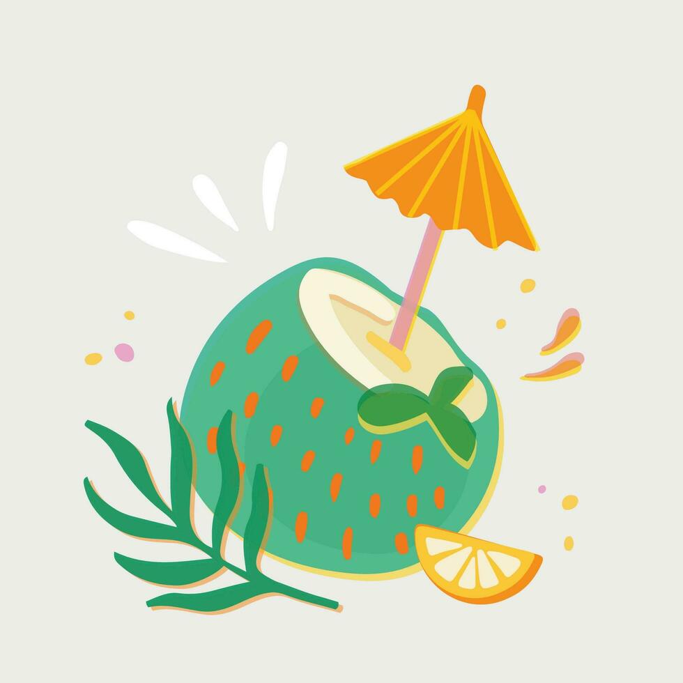 Coconut cocktail vector illustration. Summer cocktail with palm leaf, umbrella and lemon slice in risoprint style