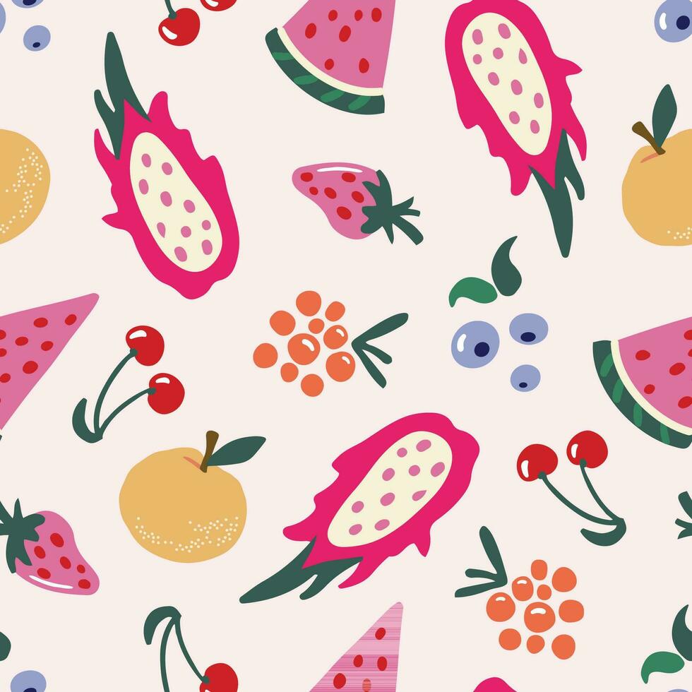 Seamless pattern with colorful fruit and berry on pink background. Hand drawn juicy raspberry, blueberry, cherry, strawberry, watermelon, dragon fruit repeated texture vector