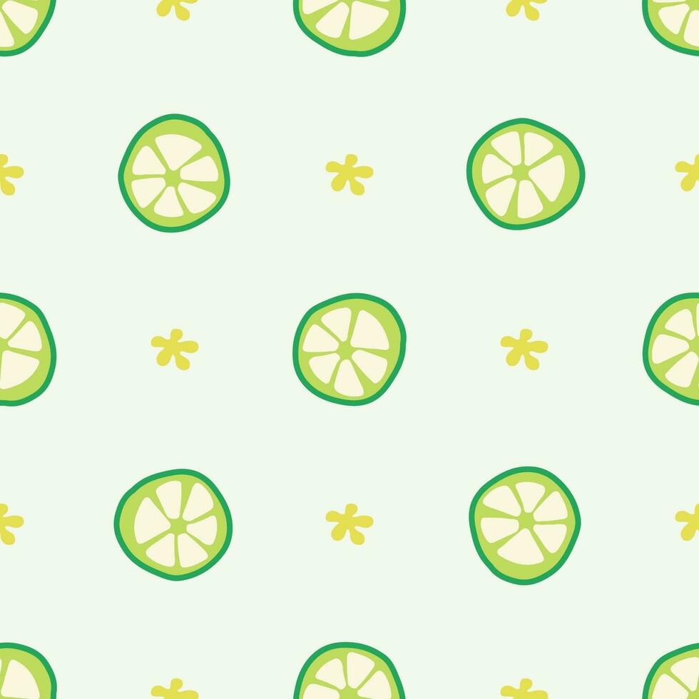 Simple seamless pattern with lime slices and flowers. Hand drawn summer retro groovy vector illustration for cover, cases, wallpaper, prints, wrapping, textile