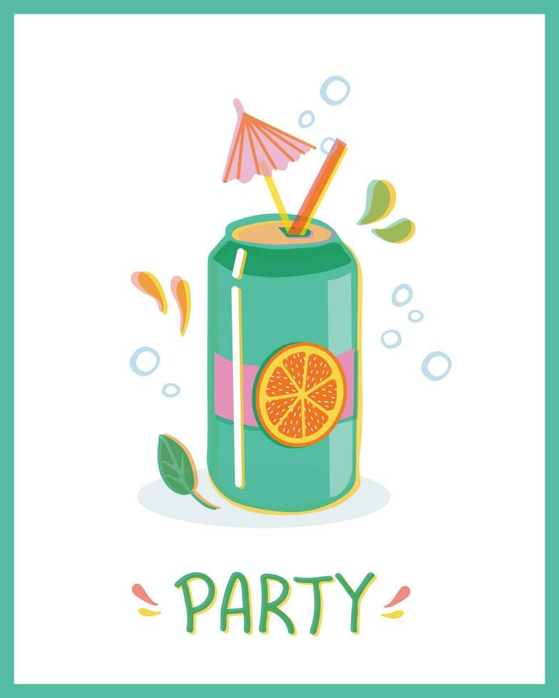 Soda can vector poster. Cocktail with straw, umbrella and bubbles in risoprint style. Trendy vector design with typography. Party lettering