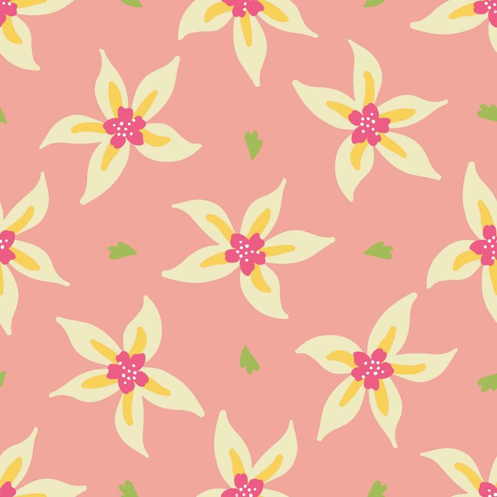 blanco tropical flor y hojas en un rosado antecedentes. sencillo textura diseño. sin costura vector modelo. genial para textil, tela, papelería, fondos de pantalla y envase.