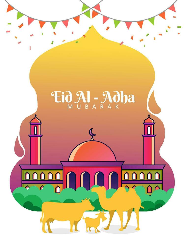 eid al adha mubarak design with mosque and animal vector