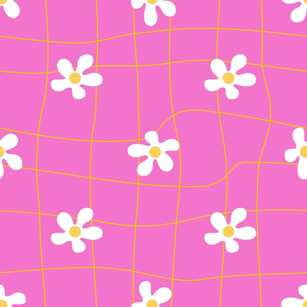 ácido rosado maravilloso sin costura modelo con blanco flores retro hippie psicodélico manzanilla textura. Derretido a cuadros vector diseño. genial para textil, tela, papelería, fondos de pantalla y envase