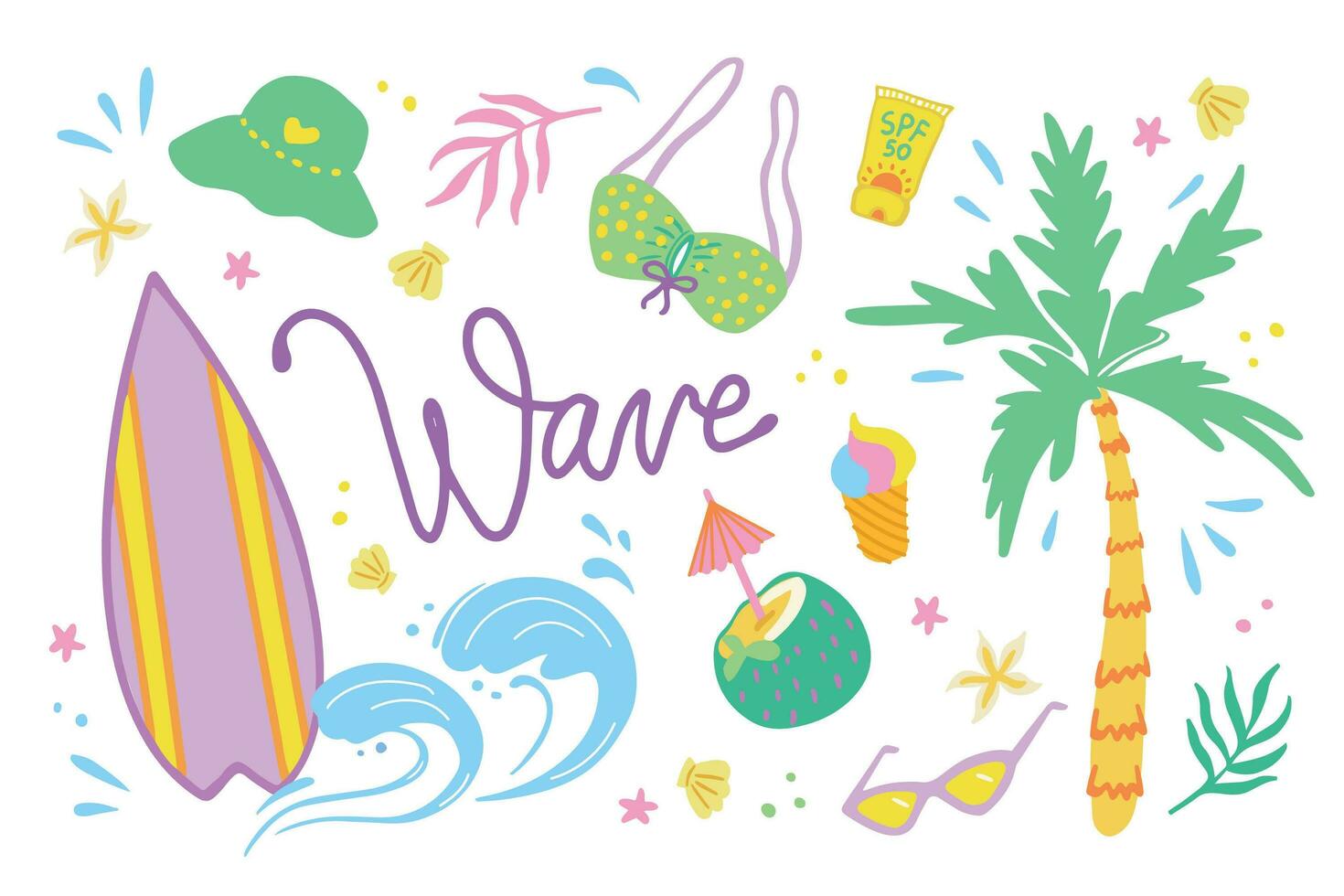 verano artículos colocar. maravilloso y2k positivo vector diseño. ola citar letras. tabla de surf, spf 50, palma árbol, Gafas de sol, cócteles, helado, sostén aislado clipart