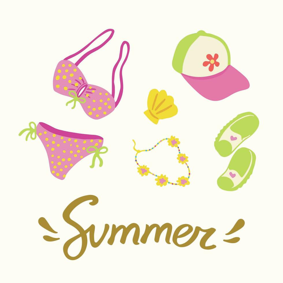 Summer quote. Hand drawn y2k concept groovy design with typography. Bikini, baseball cap, shell, slippers. Great for cards, greeting, stationery, prints and posters vector