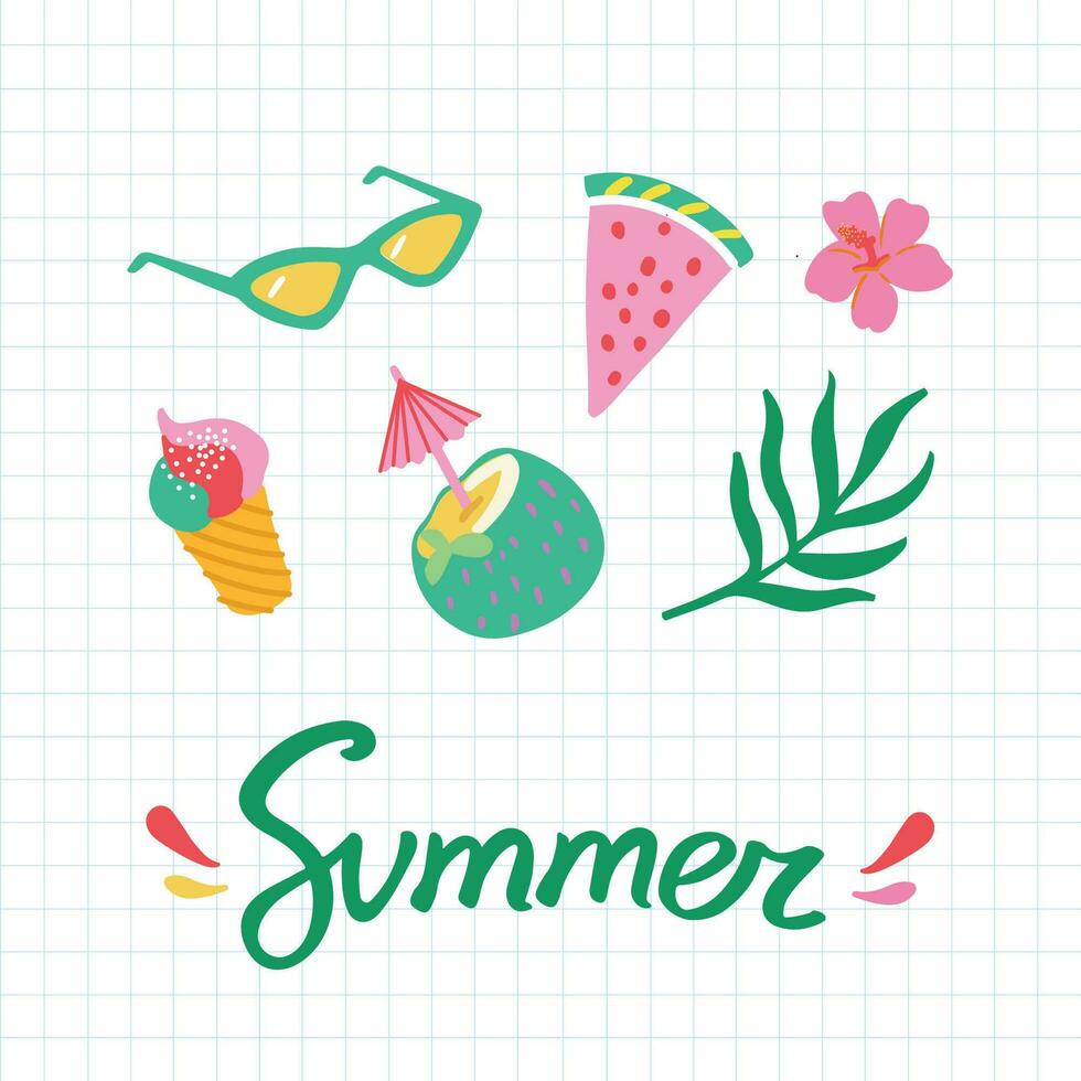 Trendy summer items set. Hand drawn y2k concept design with typography. Sunglasses, ice-cream, watermelon, cocktail isolated cliparts. Great for cards, greeting, stationery, prints and posters vector