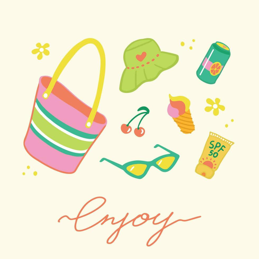 Trendy summer items card. Hand drawn y2k concept design with typography. Panama, spf 50, soda can, bag, sunglasses, ice-cream, cherry isolated cliparts vector