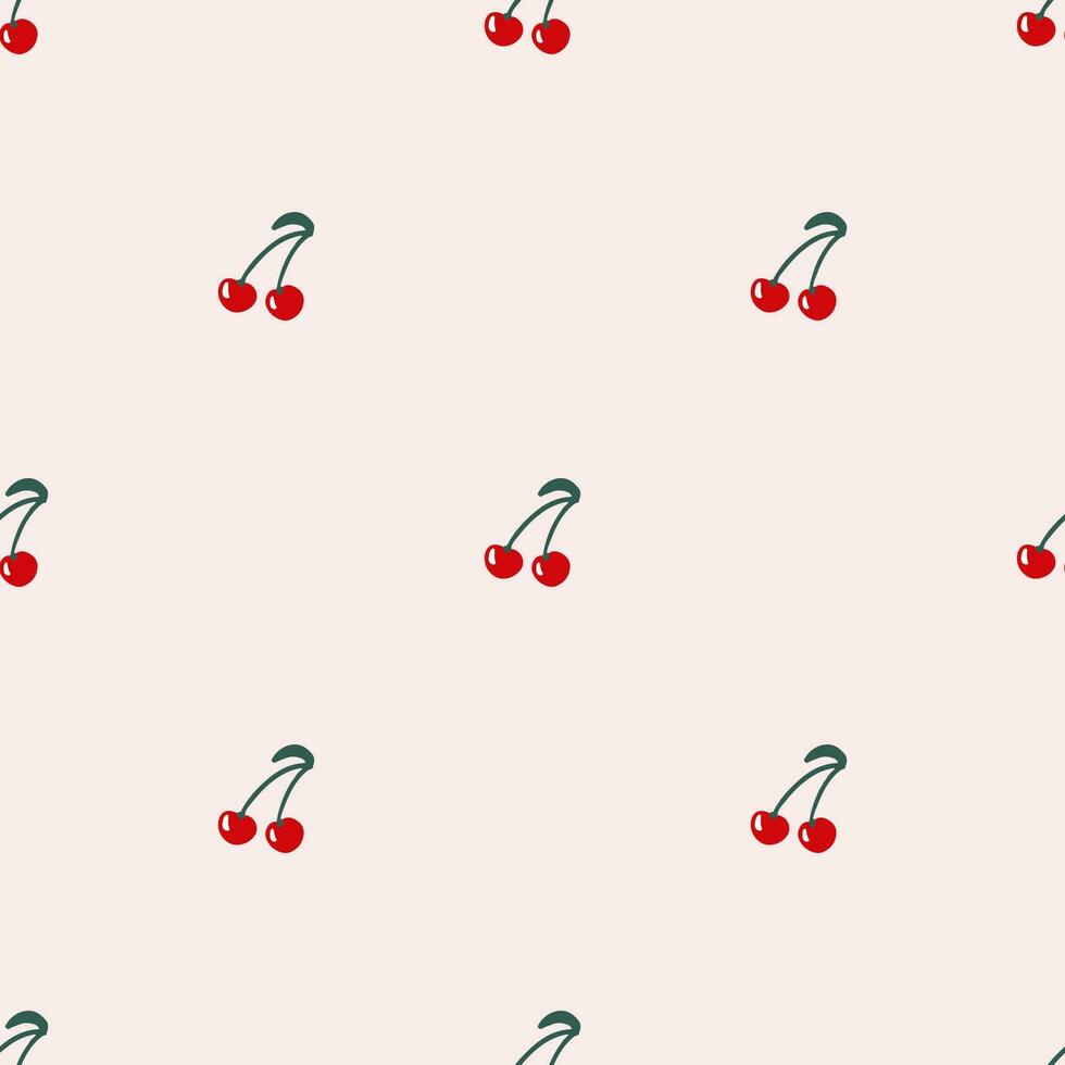 Simple seamless pattern with cherry on pastel background. Hand drawn retro y2k vector illustration for summer stylish cover, cases, wallpaper, prints, wrapping, textile