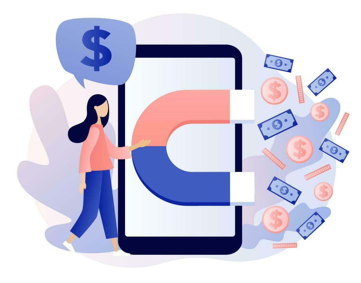 Money magnet on smartphone screen. Magnet power attracting golden coins cash. Magnetic wealth power. Business opportunity increase wealth. Modern flat cartoon style. Vector illustration