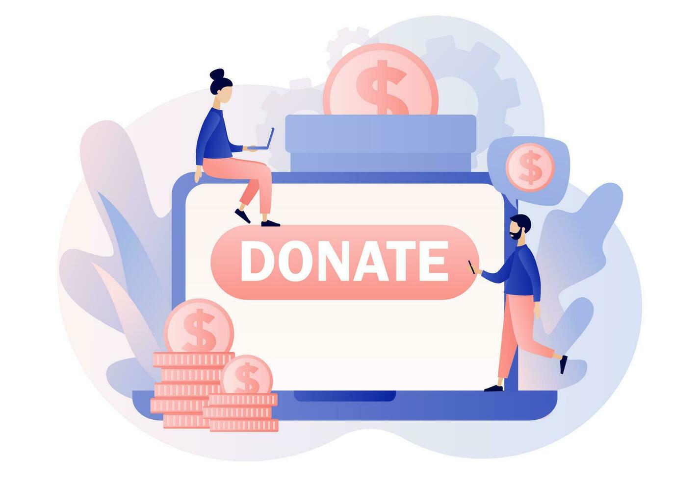 donación dinero. minúsculo personas donando dinero. voluntarios poniendo monedas en donación caja en web sitio. en línea caridad, financiero apoyo concepto. moderno plano dibujos animados estilo. vector ilustración