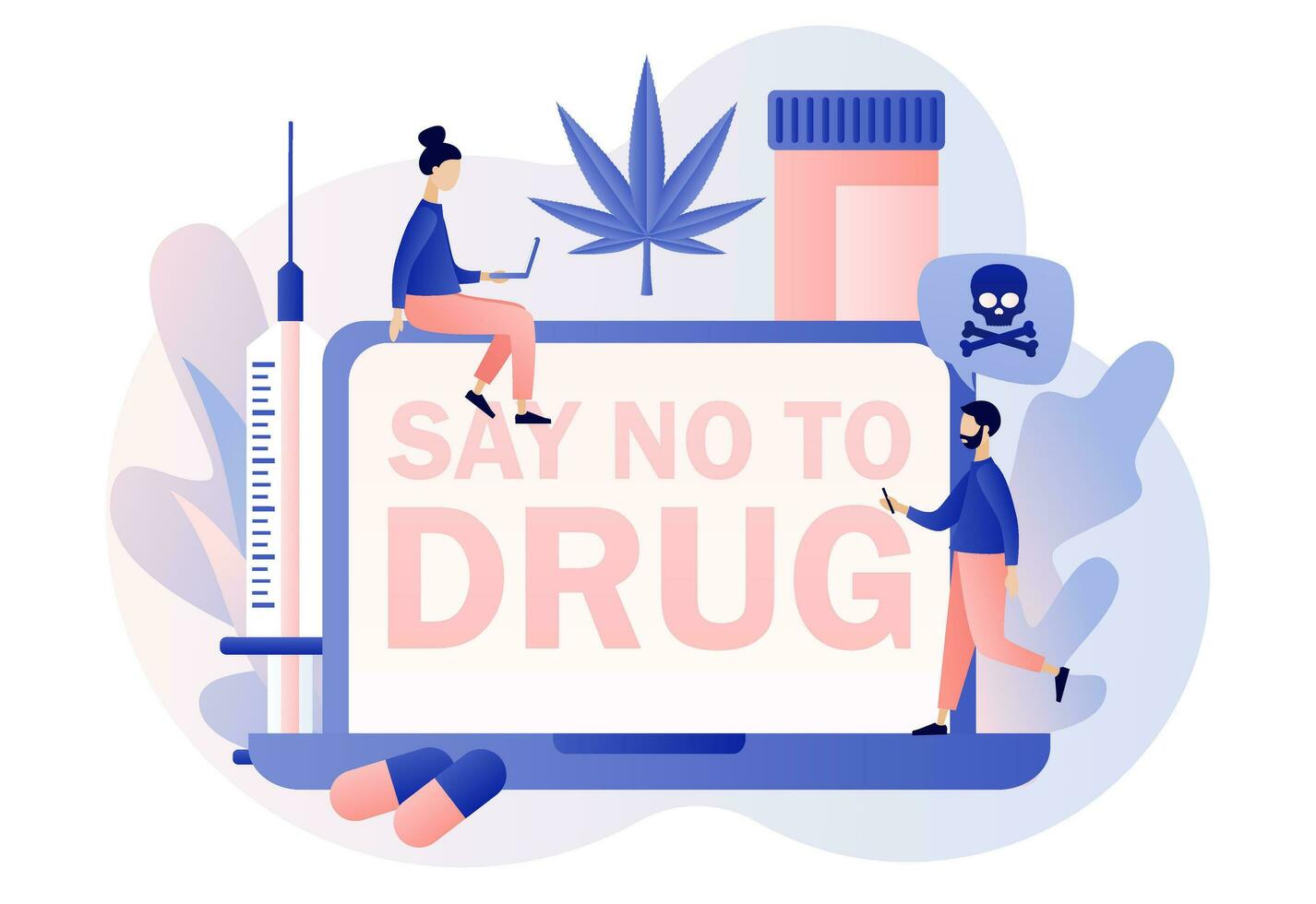 International day against drug abuse. Say no to drug. Problem addiction. Addiction treatment, narcotic addict medication. Modern flat cartoon style. Vector illustration on white background