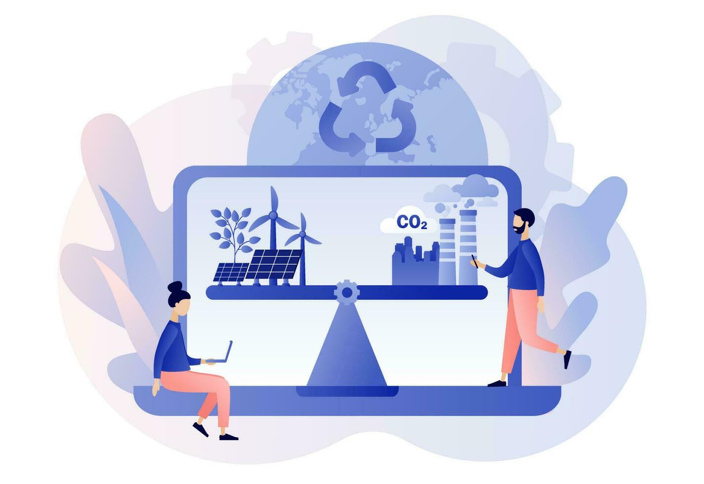 Reduce emission CO2. Sustainability concept. Scales with ecofriendly and factory. Net zero emissions and carbon dioxide neutral balance. Modern flat cartoon style. Vector illustration