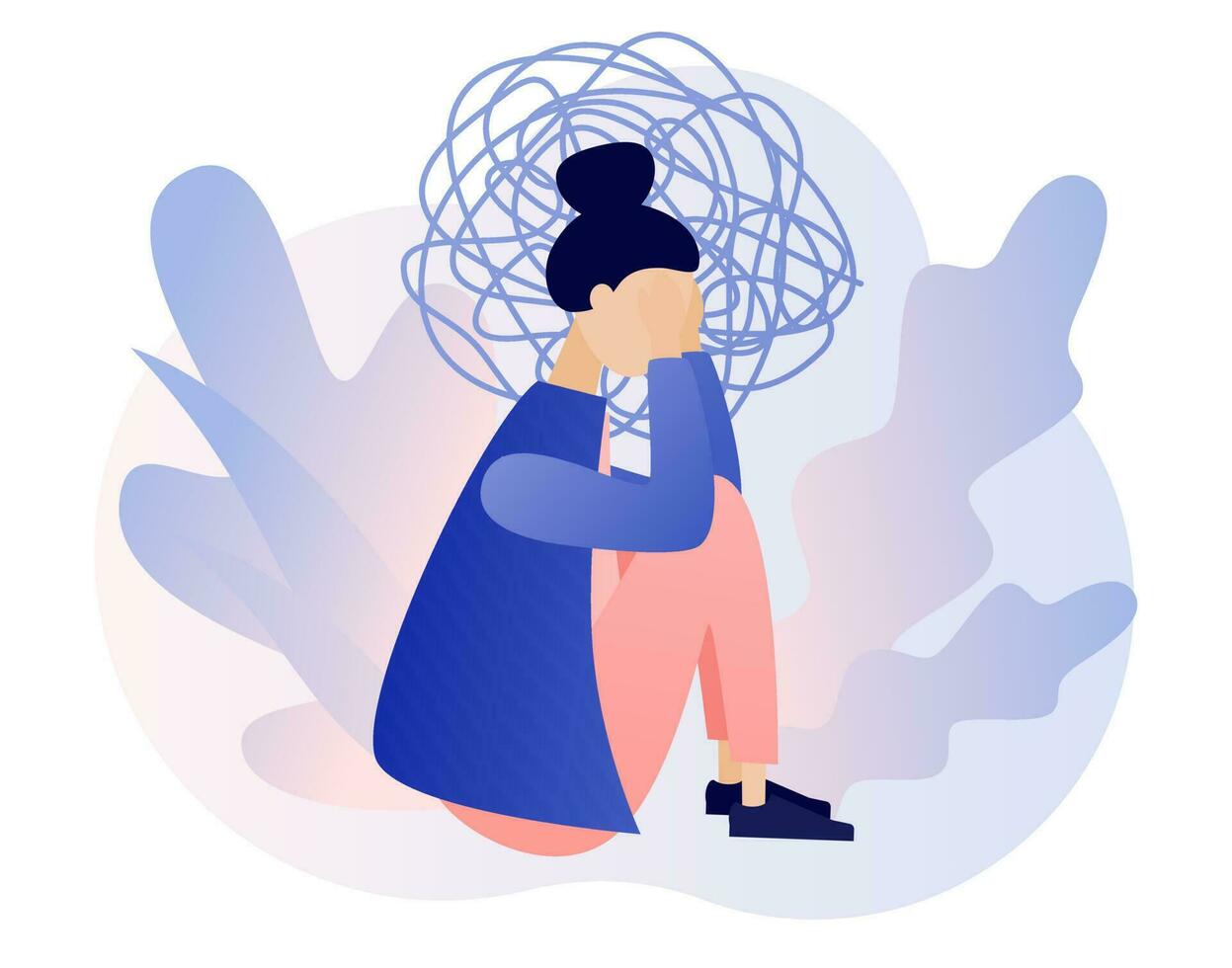 Depression mental. Depressed woman sitting on floor. Mental health and psychotherapy concept. Anxiety, stress, emotional burnout and other psychological problems. Modern flat cartoon style. Vector