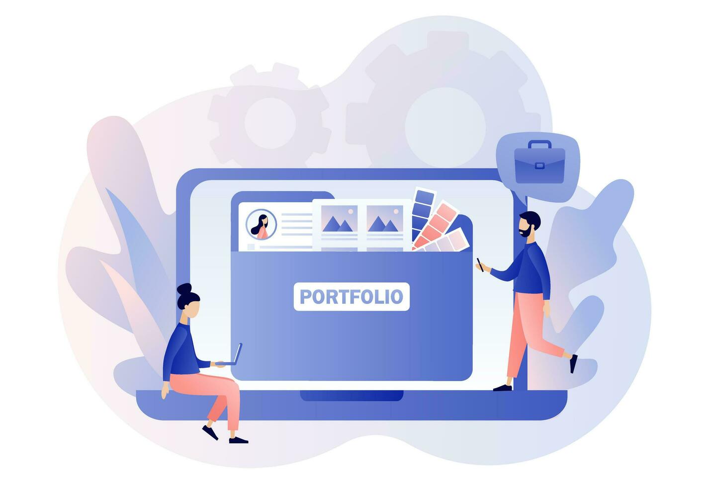 Portfolio concept. Briefcase with work gallery and file collection online. Preview folder presentation artist, designer or photographer. Modern flat cartoon style. Vector illustration