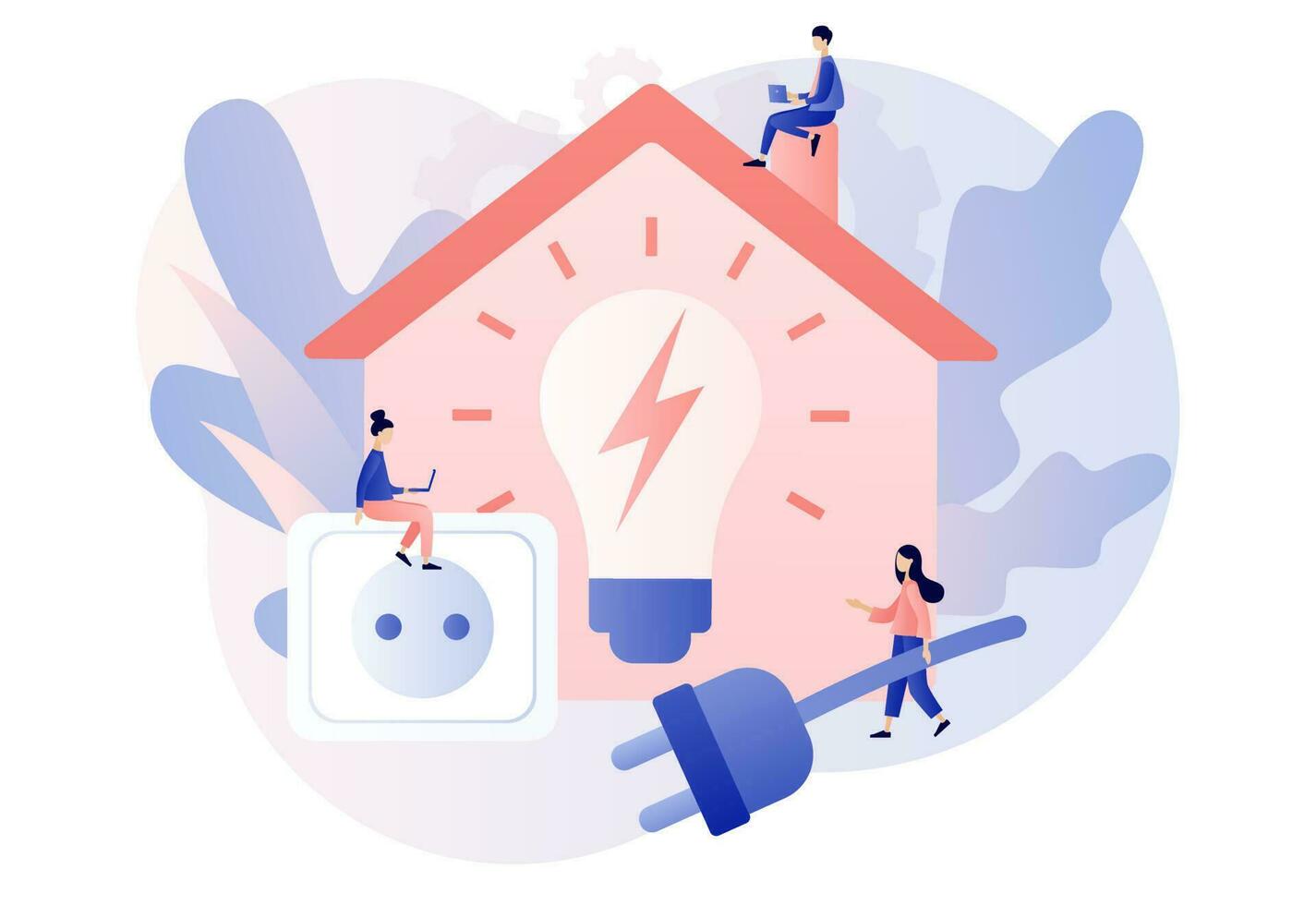 Energy saving. Sustainability concept. Tiny people unplug appliances and use energy saving light bulb. Reduce energy consumption at home. Modern flat cartoon style. Vector illustration