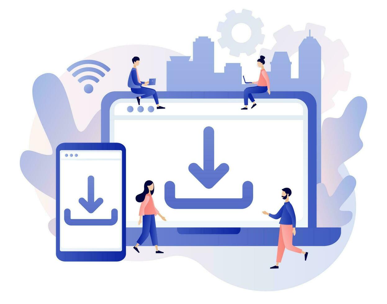 Download concept. Install symbol. Tiny people downloading data, files on smartphone and laptop. Load symbol. Modern flat cartoon style. Vector illustration on white background