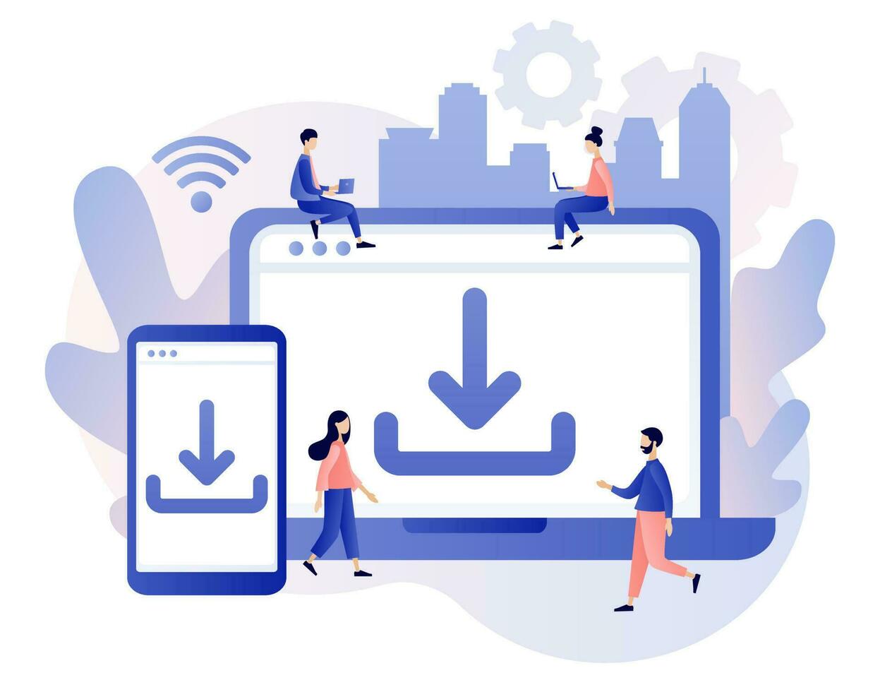 descargar concepto. Instalar en pc símbolo. minúsculo personas descargando datos, archivos en teléfono inteligente y ordenador portátil. carga símbolo. moderno plano dibujos animados estilo. vector ilustración en blanco antecedentes