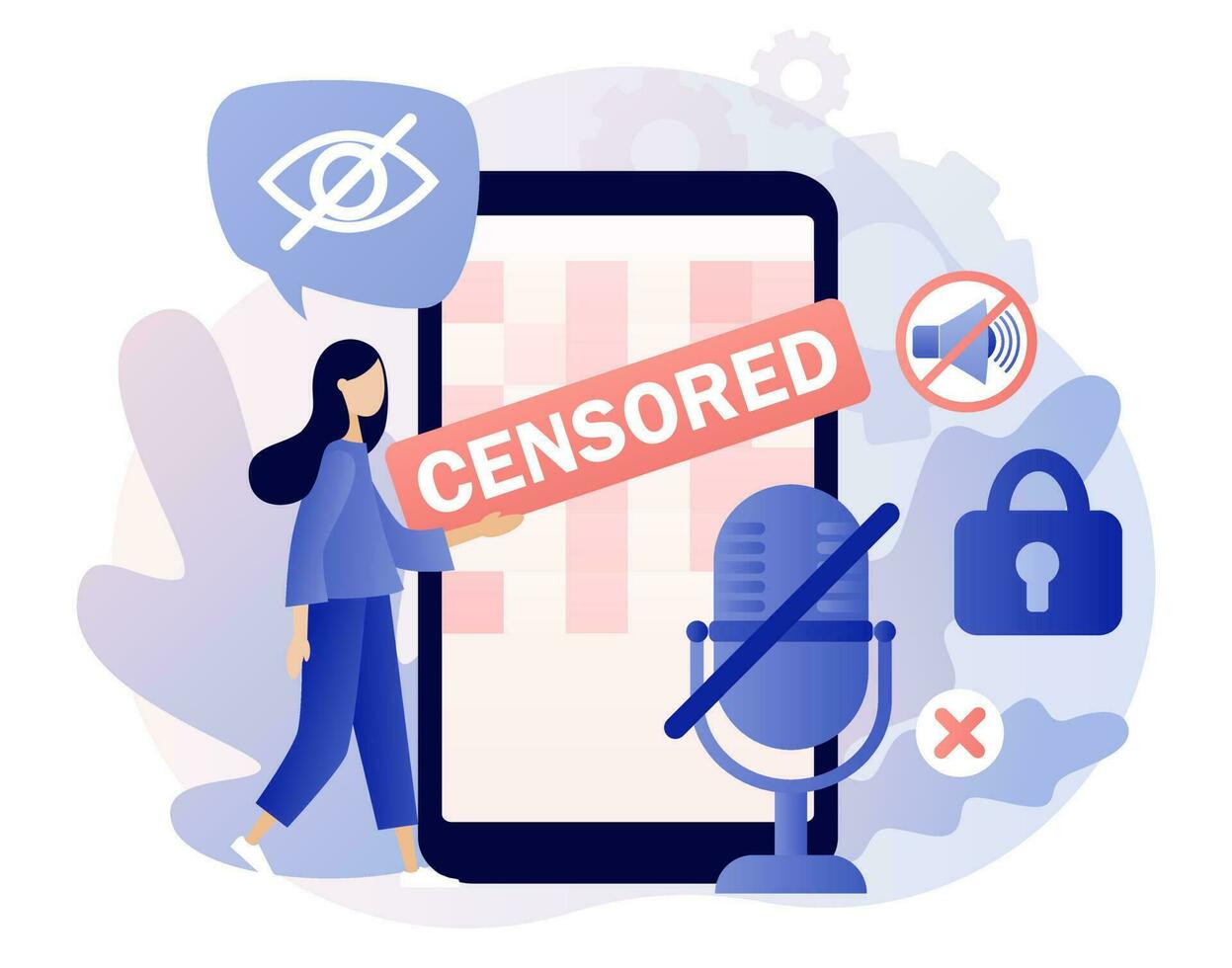 Censorship concept. Censored info in smartphone app. Censure pixelation effect and blur. Sensitive content. Modern flat cartoon style. Vector illustration on white background