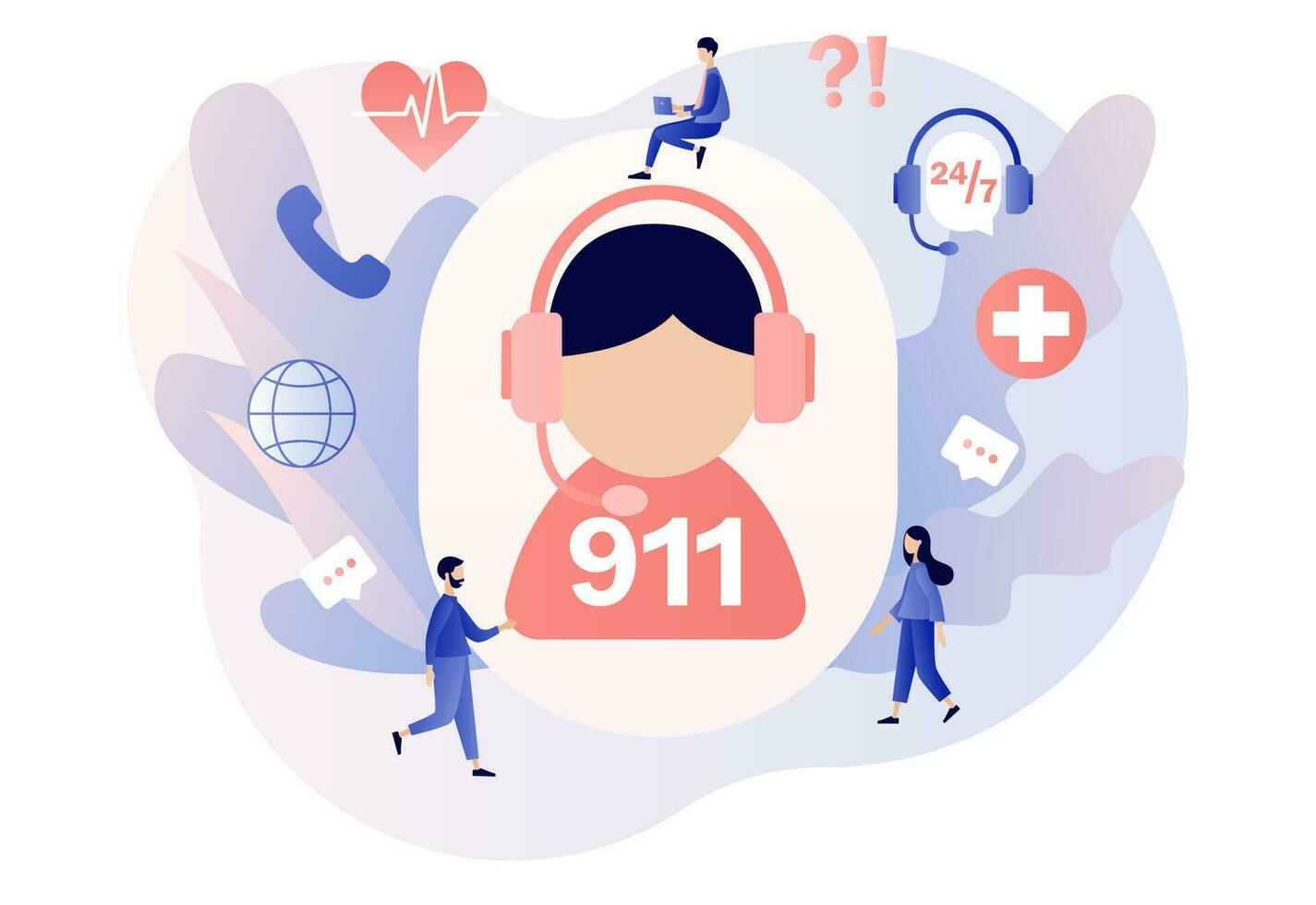 911 emergency call. Assistant manager online. Ambulance service. Hotline call center. Modern flat cartoon style. Vector illustration on white background